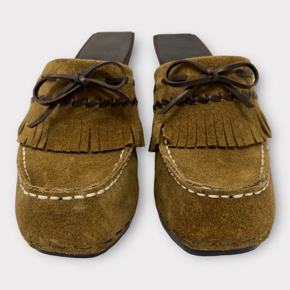 Frye (6.5) Lacey Suede Moccasin Slip-On Mule Heel Clog - Picture 5 of 12